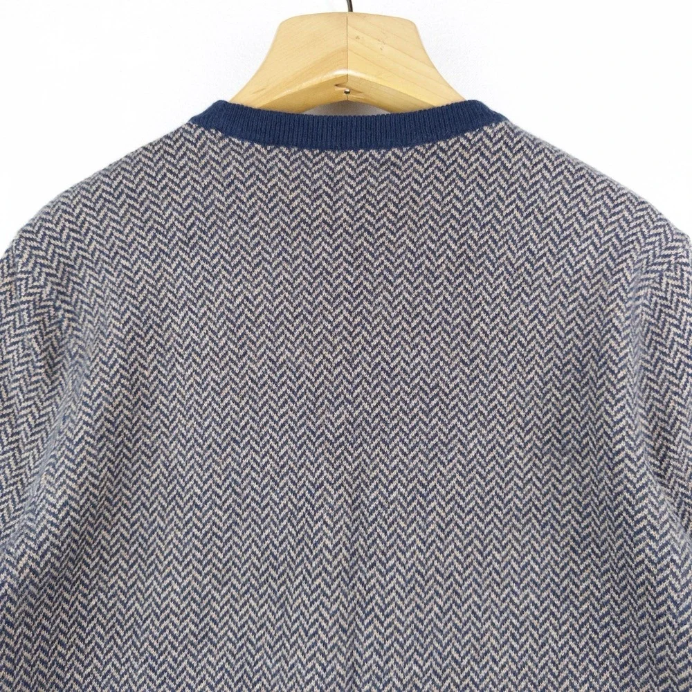J.Crew 100% Cashmere Herringbone Jacquard Crewneck Sweater Men's Large Blue Tan